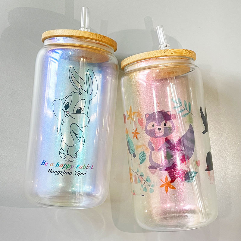 16 oz Iridescent Glass Tumbler with Bamboo Lid for Sublimation