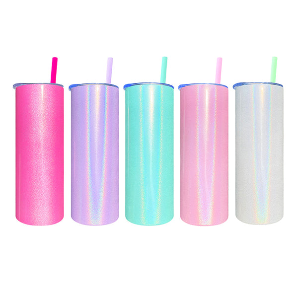 20oz US Warehouse Wholesale Shimmer Holographic Sublimation Straights Tumblers with reusable colorful straw-25 pack