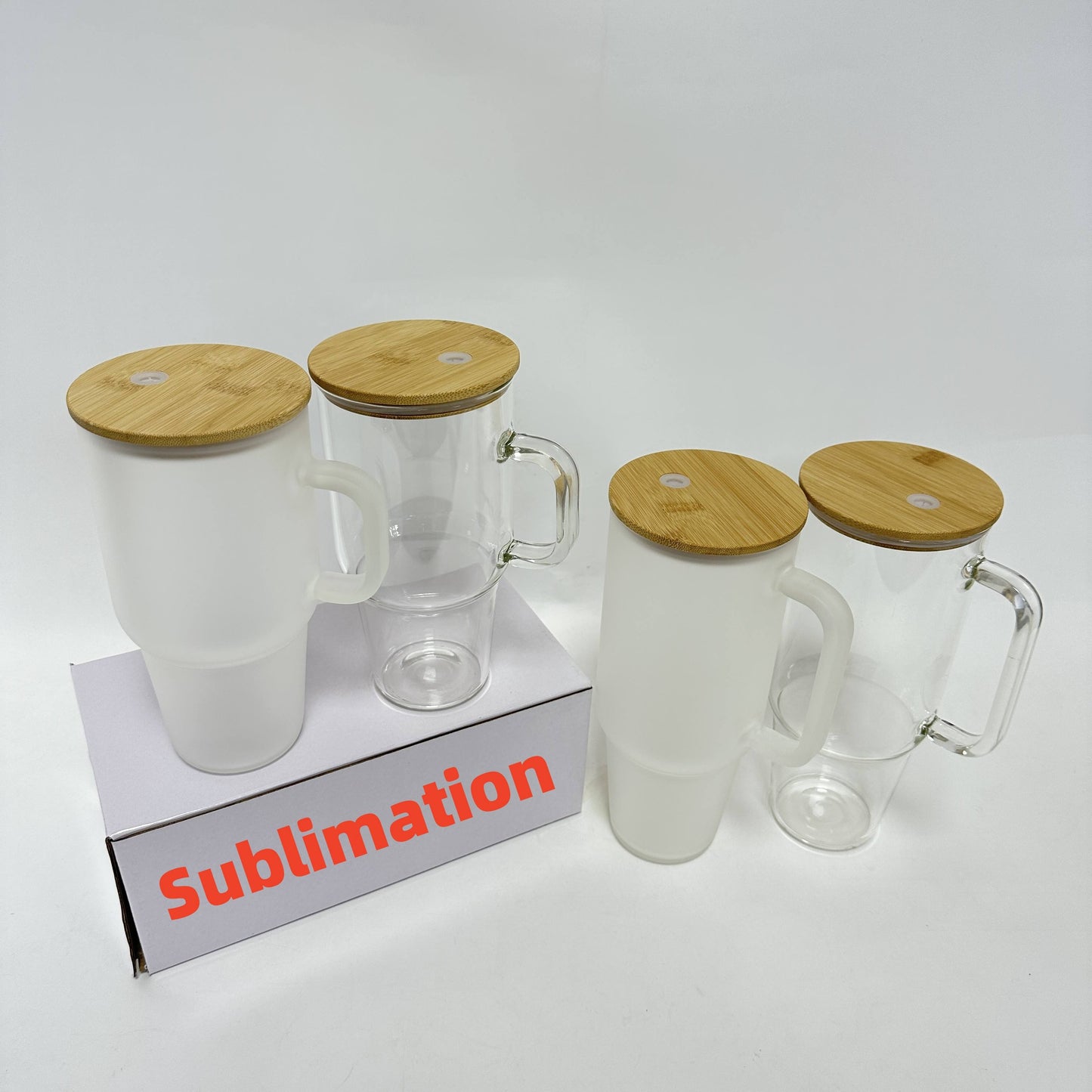 12pcs 32oz/40oz Sublimation Glass Tumbler with Handle & Bamboo Lid