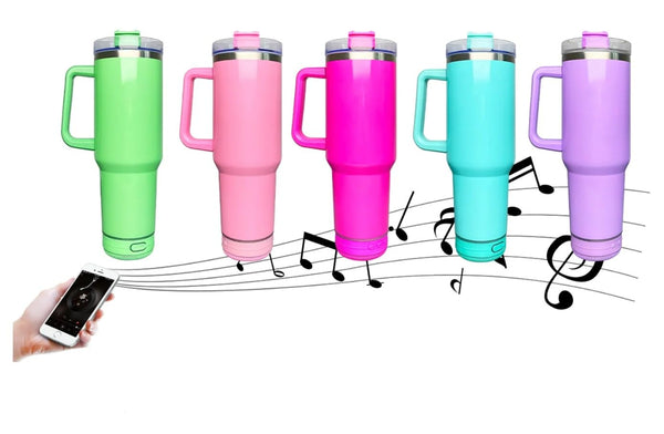40oz US Warehouse Wholesale speaker tumbler bluetooth player glossy colored subliamtion powder coated mug with lid and straw -20 pack