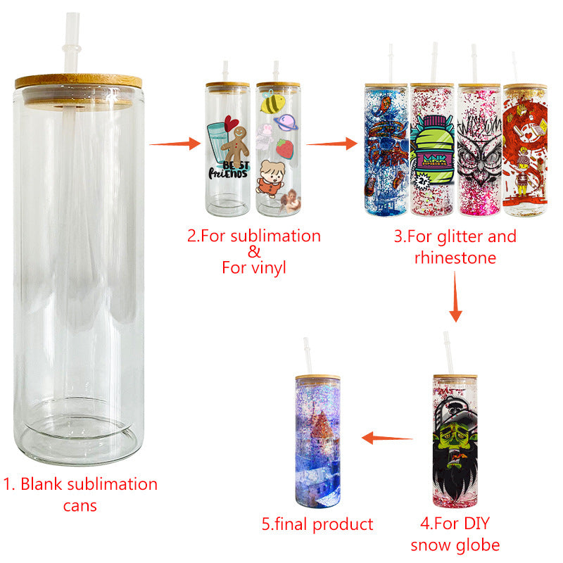 Blank Sublimation Snowglobe Beer Can Glass Double Walled 16oz and 25oz Glass  Soda Can Cup With Bamboo Lid and Straw 
